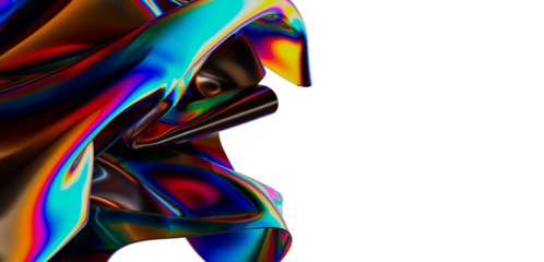 Colorful abstract flowing fabric with iridescent highlights on a white backdrop. Vibrant and artistic, this image creates an eye-catching design