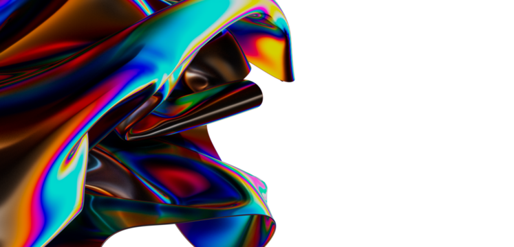 Colorful abstract flowing fabric with iridescent highlights on a white backdrop. Vibrant and artistic, this image creates an eye-catching design