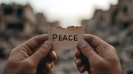 Holding 'Peace' in Ruins: A symbol of hope and resilience amidst destruction, calling for harmony in a world yearning for tranquility and stability.