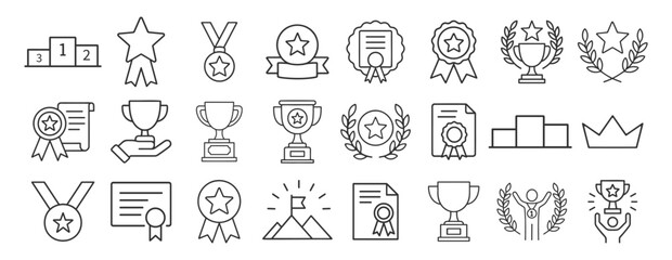 Trophy medal award icons set. Certificate ribbon crown podium laurel star winner celebration outline symbols on transparent background