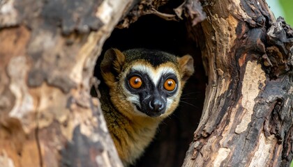 Obraz premium A small, wide-eyed mammal peers out from a dark, hollow opening in a textured tree trunk, creating a striking portrait