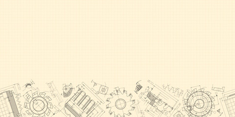 Mechanical engineering drawings on sepia background. Cutting tools, milling cutter. Technical Design. Cover. Blueprint. Horizontal seamless pattern. Vector illustration.