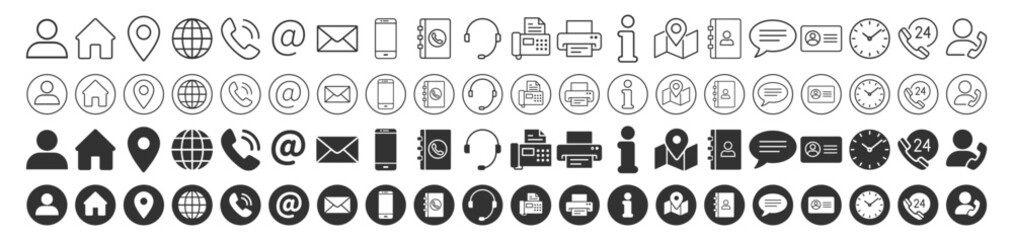 Contact information icon set. Business card and website icons. Black contact symbols – phone, mail, fax, info, support. Vector illustration on transparent background