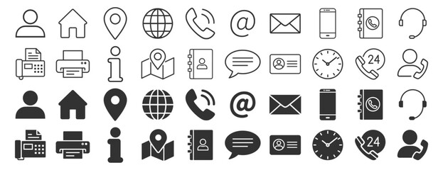 Contact information icon set. Business card and website icons. Black contact symbols – phone, mail, fax, info, support. Vector illustration on transparent background
