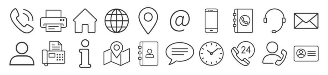 Contact icons set. Business and communication icon set. Phone, mail, location, chat, support and contact symbols for web and print. Thin line vector illustration on transparent background