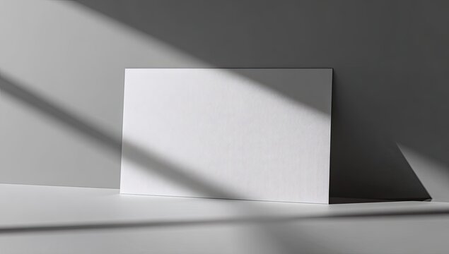 A white, blank rectangular surface, propped against a gray backdrop, with angled shadows