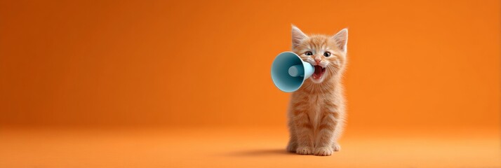 Cute ginger kitten holding a small blue megaphone in its mouth, shouting to make a loud announcement or important marketing message against a vibrant orange studio background with ample copy space