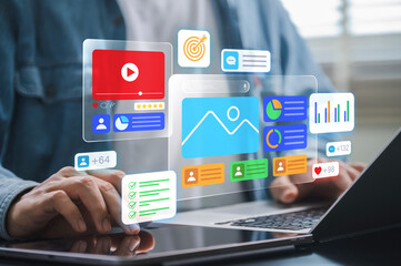 social media management and content marketing concept. user organizing video content, image posts and data charts, tracking engagement, followers and checklist tasks in digital communication platform
