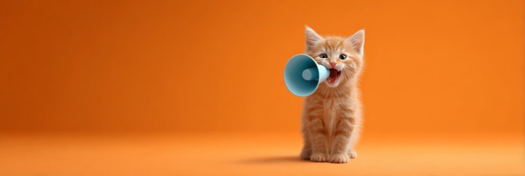 Cute ginger kitten holding a small blue megaphone in its mouth, shouting to make a loud announcement or important marketing message against a vibrant orange studio background with ample copy space