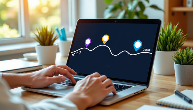 Laptop hand desk plant workspace project planning timeline modern office creative technology