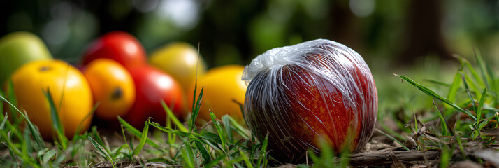 Plastic wrapped apple on grass, ecology pollution problem