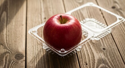 Plastic wrapped apple in tray, ecology and packaging issue