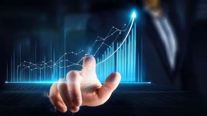 Business Growth Concept Man Touching Ascending Graph With Arrow