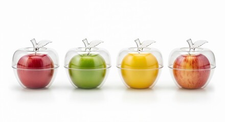 Plastic wrapped apple set isolated, ecology and packaging concept