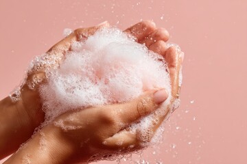 Fototapeta premium Close-up shows hands cupped, holding pink soap with foamy bubbles on a pastel background