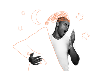 Trend artwork composite sketch image collage of paint picture monochrome young man yawn night sky star bad time sleepy hand hold pillow