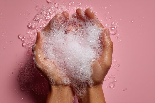 Hands cradling foamy soap bubbles against a pink background, suggesting hygiene and cleanliness