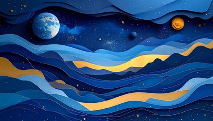 A stylized depiction of a cosmic landscape featuring layered waves of blues and golds. Celestial bodies, planets and stars are subtly integrated within the composition