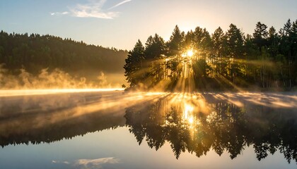 A radiant sunrise casts golden rays through trees along a misty lake, mirroring the forest and light. The scene is calm