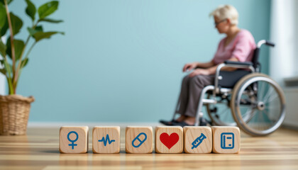 Elderly woman wheelchair healthcare concept, medical icons, wooden blocks, indoor, calm mood