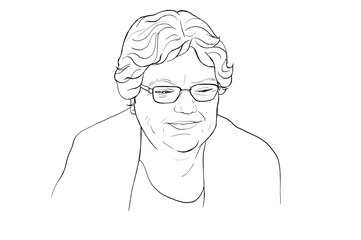 An adult woman looking down to her left. She has short, curly hair and wears glasses. She is smiling.