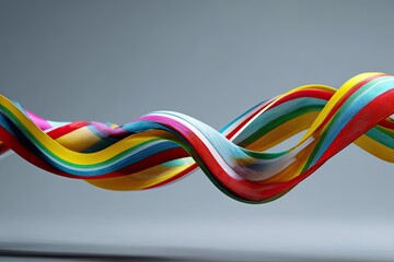 Dynamic, flowing ribbons in a rainbow of colors, creating a wave-like pattern on a gray backdrop