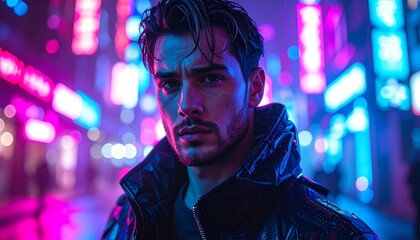 A portrait of a brooding man with slicked-back hair. The scene is a neon-lit city at night. The focus is the man's face and upper torso
