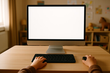 Child hands on keyboard and mouse with blank computer screen in children's room