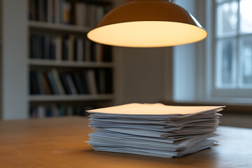 Stack of papers on a wooden table under a warm lamp. Bookshelves and a window can be seen in the background. Office or study environment.