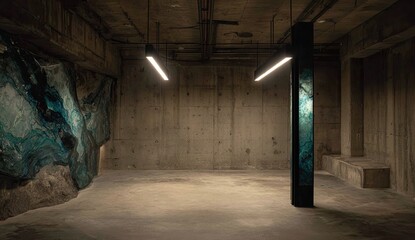 Interior of a contemporary space with a rock face wall, concrete backdrop, and illuminated column