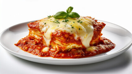 Chicken parmigiana with tomato sauce and melted cheese on a white plate