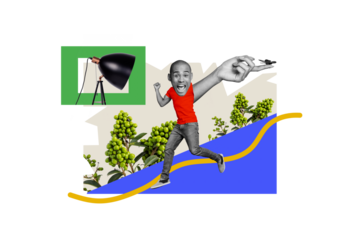 Creative collage young funny man enlarged head caricature arm body fragment lamp environment plants flora butterfly drawing background