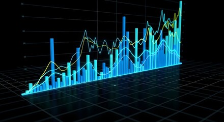 A glowing blue 3d bar chart with multiple line graphs superimposed, illustrating financial data trends and market analysis on a dark grid background