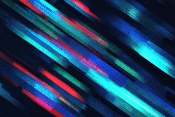 Abstract background features overlapping, diagonal rectangles of vibrant blue, teal, and red hues