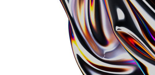 Mesmerizing abstract composition features flowing, reflective surfaces with a vibrant rainbow color gradient against a white background. Perfect