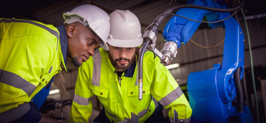 Supporting Engineer team, african american and caucasian man use laptop to control and testing Artificial Intelligent welding robotic automatic arm machine in modern factory. industry 4.0 Technology.