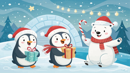 Festive winter scene with penguins and a polar bear celebrating christmas with gifts and candy canes