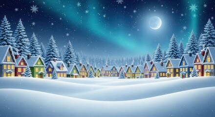Enchanting winter village scene with aurora borealis and snow covered pine trees christmas