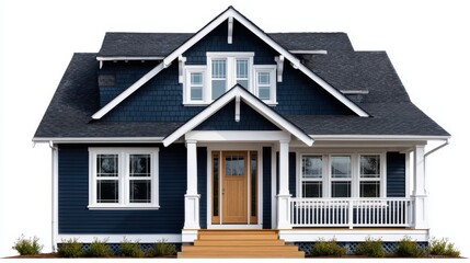 Detailed view of a classic dark blue home with a white porch and wood door.