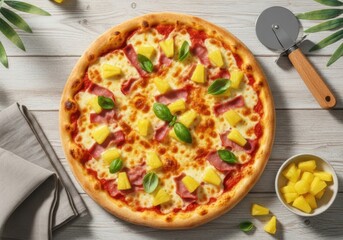Hawaiian Pizza Top View — Pineapple & Ham on Rustic Wooden Table