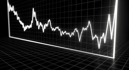 A glowing white line graph charting fluctuating data against a dark grid background, representing financial market trends and economic analysis