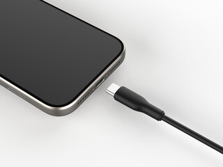 USB Type-C cable with smartphone USB C ports closeup. 
