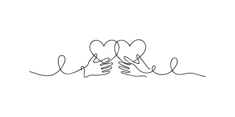Two hands holding interconnected hearts with flowing lines