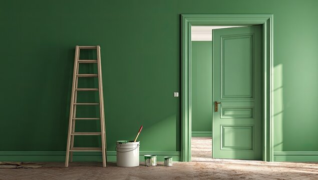 Interior view of a room being painted green. A door is ajar, and a ladder is present