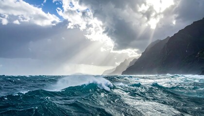 A scenic coastal view captured during a stormy day. Rugged mountains rise along a turbulent sea, with dramatic sunbeams piercing through dark clouds