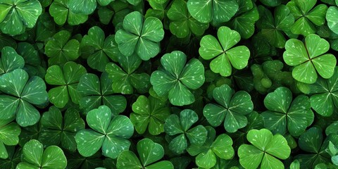 Lush, vibrant green four-leaf clover patch, dense and detailed, with a range of leafy patterns