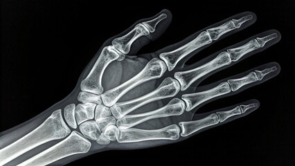 Naklejka premium Detailed X ray image showcasing the articulated bones of a human hand and wrist against a dark background