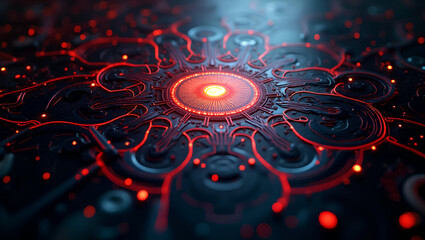 Abstract cybersigil artwork merging ancient mystical symbols with futuristic holographic tech, glowing circuit mandalas, metallic fractal shapes, iridescent aura, deep space background, soft volumetri