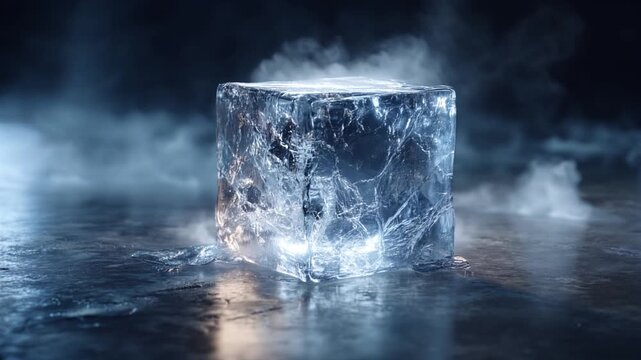 Transparent Ice Cube on Reflective Surface with Cold Mist
