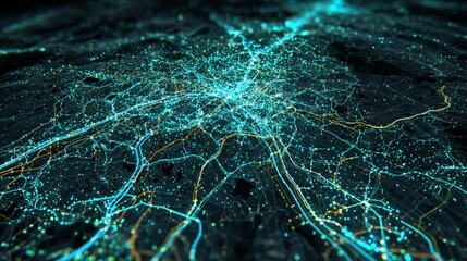 Dynamic glowing city map network visualization showcases interconnected data flows and urban development in stunning futuristic detail